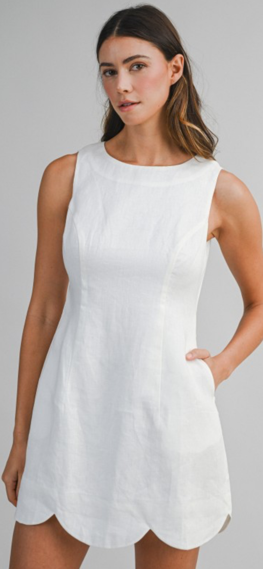 100% Linen Off White Scalloped Dress