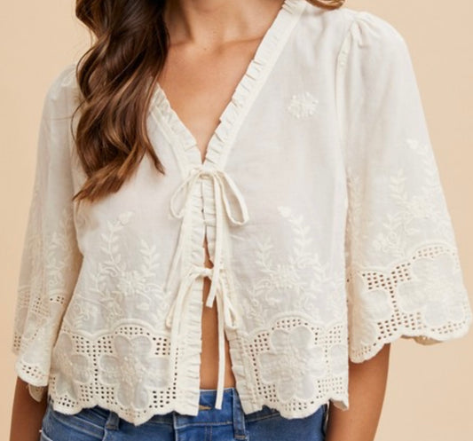 Ivory Floral Lace Tie Top