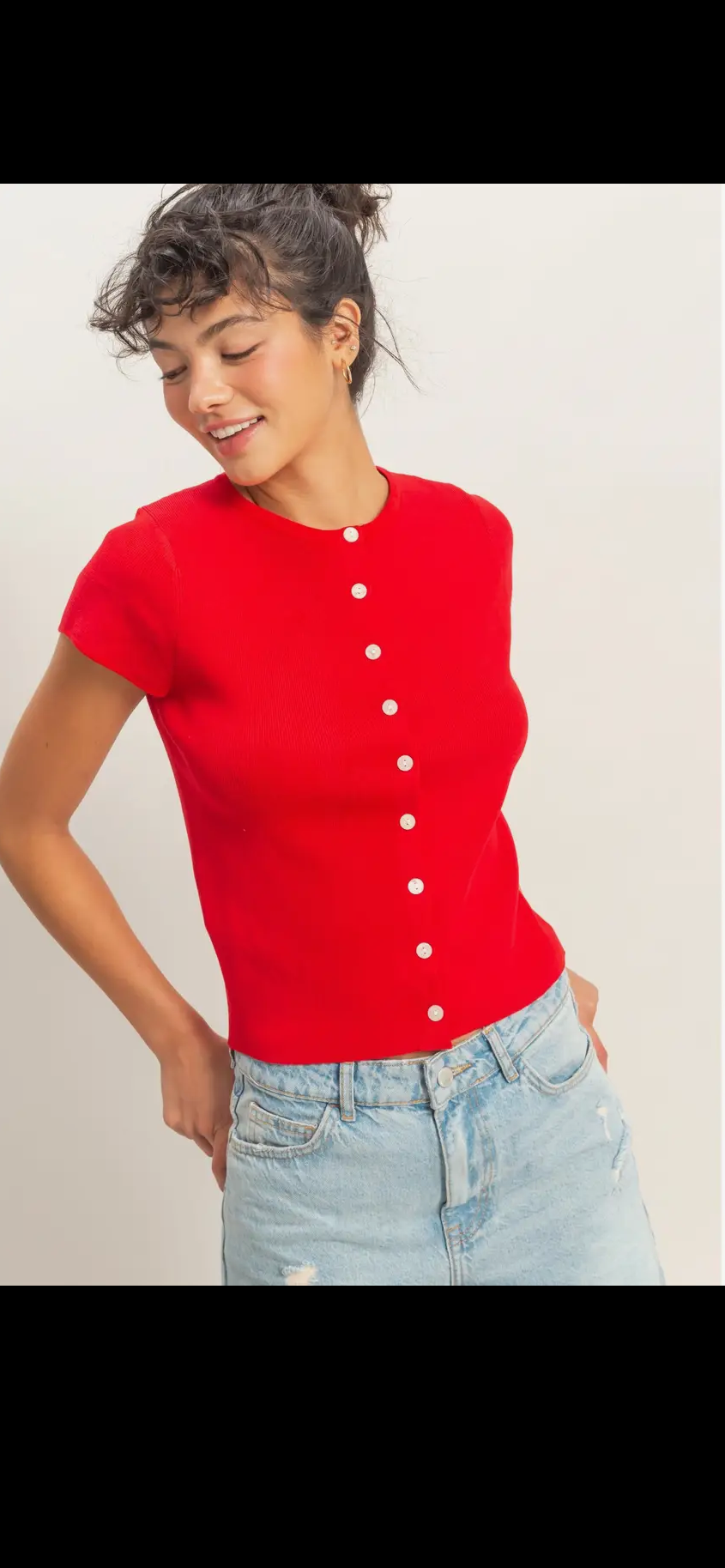 Red Button Short Sleeve Top