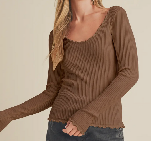 Brown Lettuce Hem Long Sleeve Top